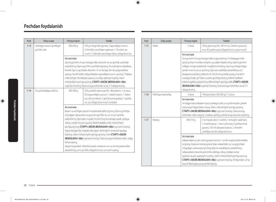 Samsung MG22M8054AK/BW manual Kod Oziq-ovqat Porsiya hajmi Tarkibi, Goshtli rulet, 450-500 g, Ozbek Kod Oziq-ovqat, Kotlet 