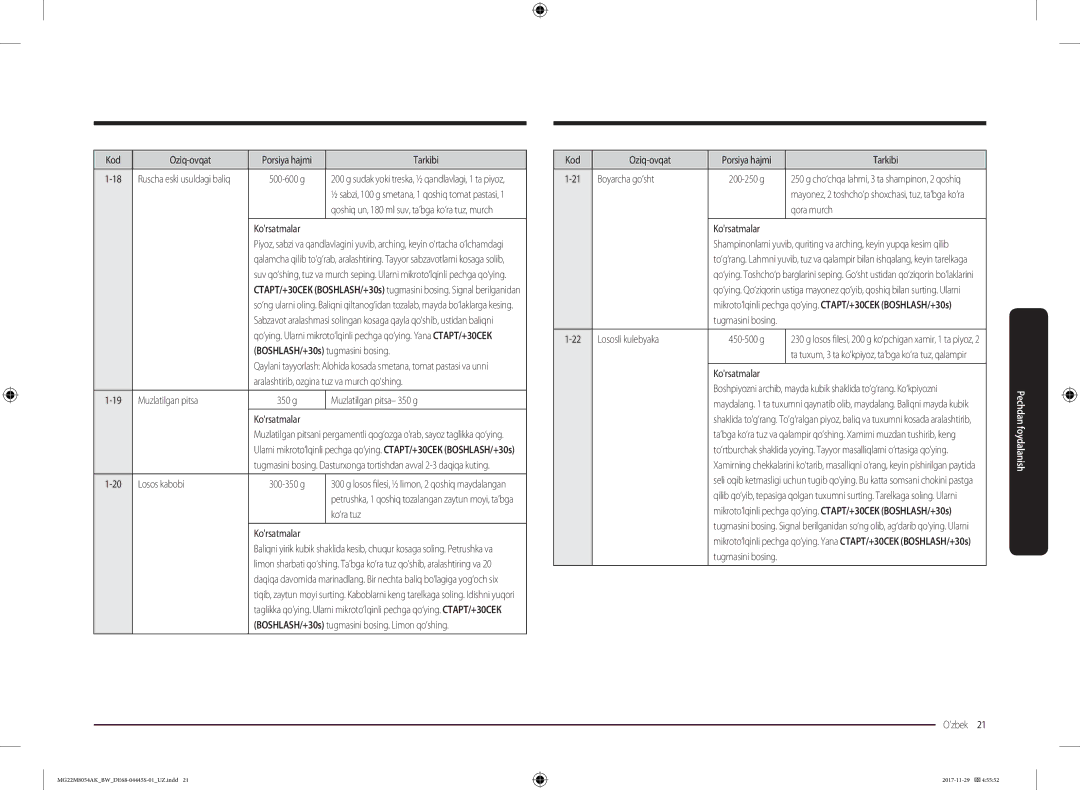 Samsung MG22M8054AW/BW manual Losos kabobi 300-350 g, Ko‘ra tuz, Boyarcha go‘sht, Qora murch, Lososli kulebyaka 450-500 g 