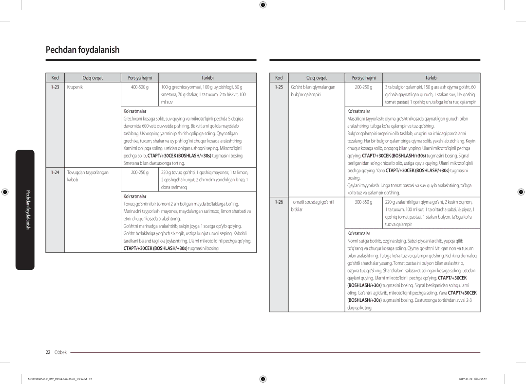 Samsung MG22M8054AK/BW manual Kod Oziq-ovqat Porsiya hajmi Tarkibi Krupenik, Ml suv, Kabob, Dona sarimsoq, Bulgor qalampiri 
