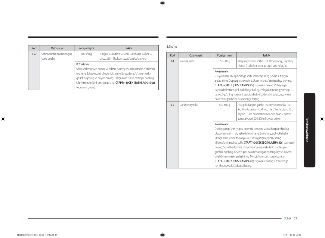 Samsung MG22M8054AW/BW manual Kurka goshti, Shorva Kod Oziq-ovqat, Yormali kasha 250-300 g, Goshtli solyanka 500-600 g 