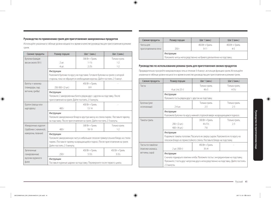 Samsung MG22M8054AW/BW manual Размер порции Шаг 1 мин Шаг 2 мин Булочки каждая, Помидоры, сыр, Ветчина, грибы Инструкции 