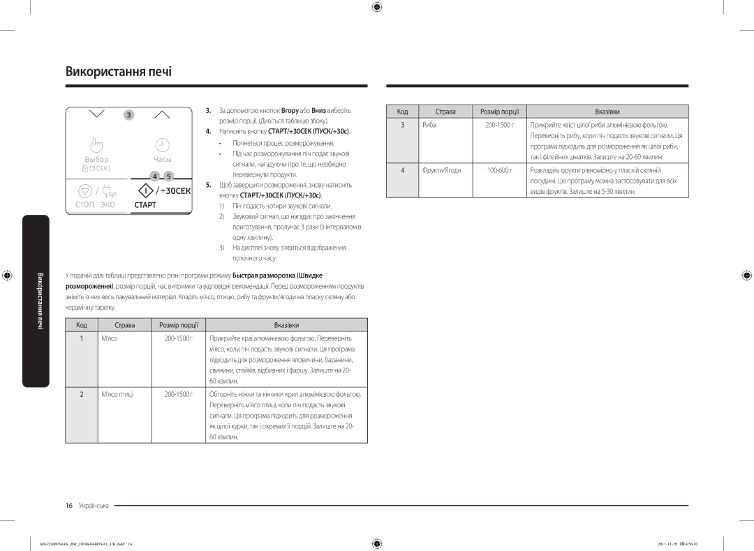 Samsung MG22M8054AK/BW manual Розмір порції. Дивіться таблицю збоку, Почнеться процес розморожування, 60 хвилин, ’ясо птиці 