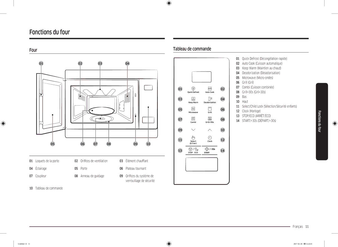 Samsung MG22M8054AK/EF manual Fonctions du four, Four Tableau de commande 