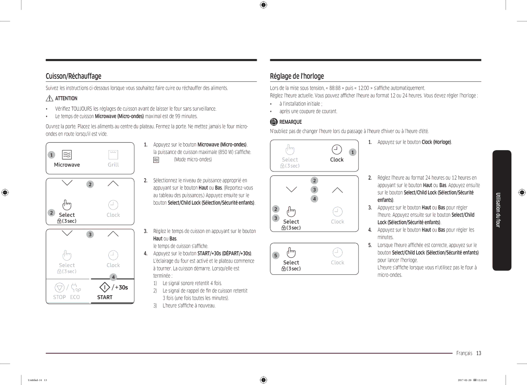 Samsung MG22M8054AK/EF manual Cuisson/Réchauffage, Réglage de lhorloge, Linstallation initiale Après une coupure de courant 