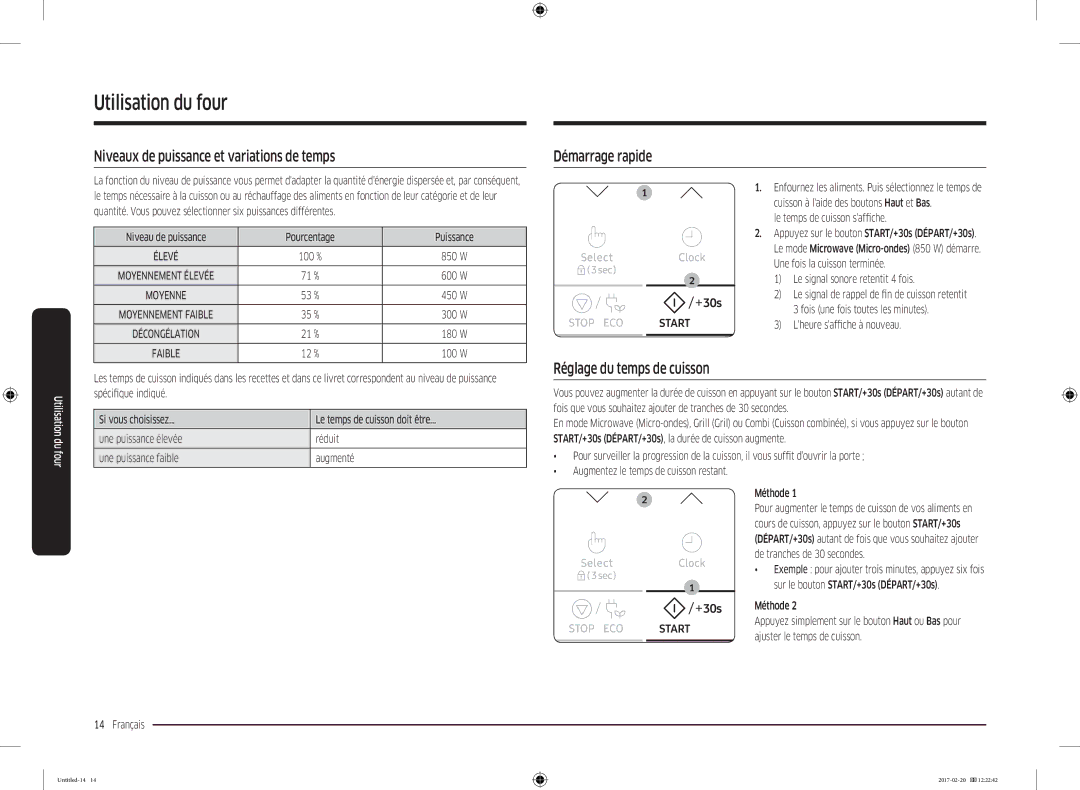 Samsung MG22M8054AK/EF manual Niveaux de puissance et variations de temps, Démarrage rapide, Réglage du temps de cuisson 