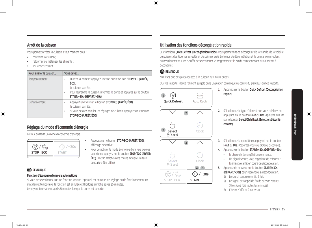 Samsung MG22M8054AK/EF manual Arrêt de la cuisson, Utilisation des fonctions décongélation rapide, La cuisson sarrête 