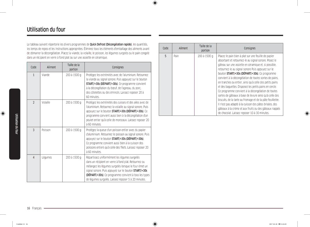 Samsung MG22M8054AK/EF manual Code Aliment Taille de la Consignes, Viande, Minutes, Volaille, Poisson, Légumes, Pain 