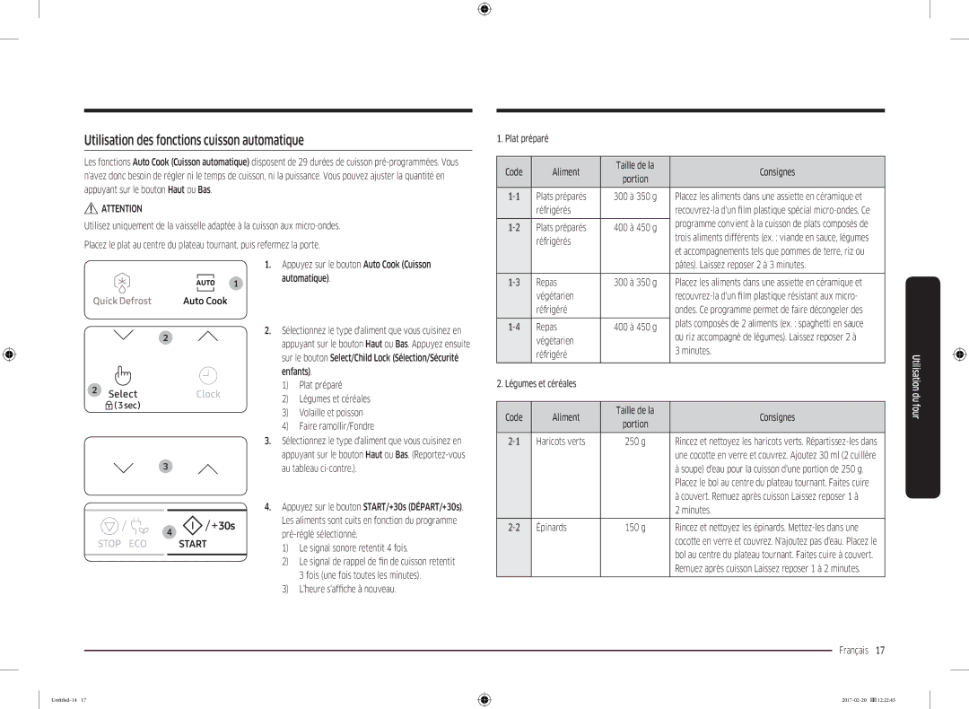 Samsung MG22M8054AK/EF manual Utilisation des fonctions cuisson automatique 