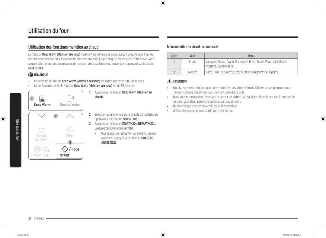 Samsung MG22M8054AK/EF manual Utilisation des fonctions maintien au chaud, Menu maintien au chaud recommandé 