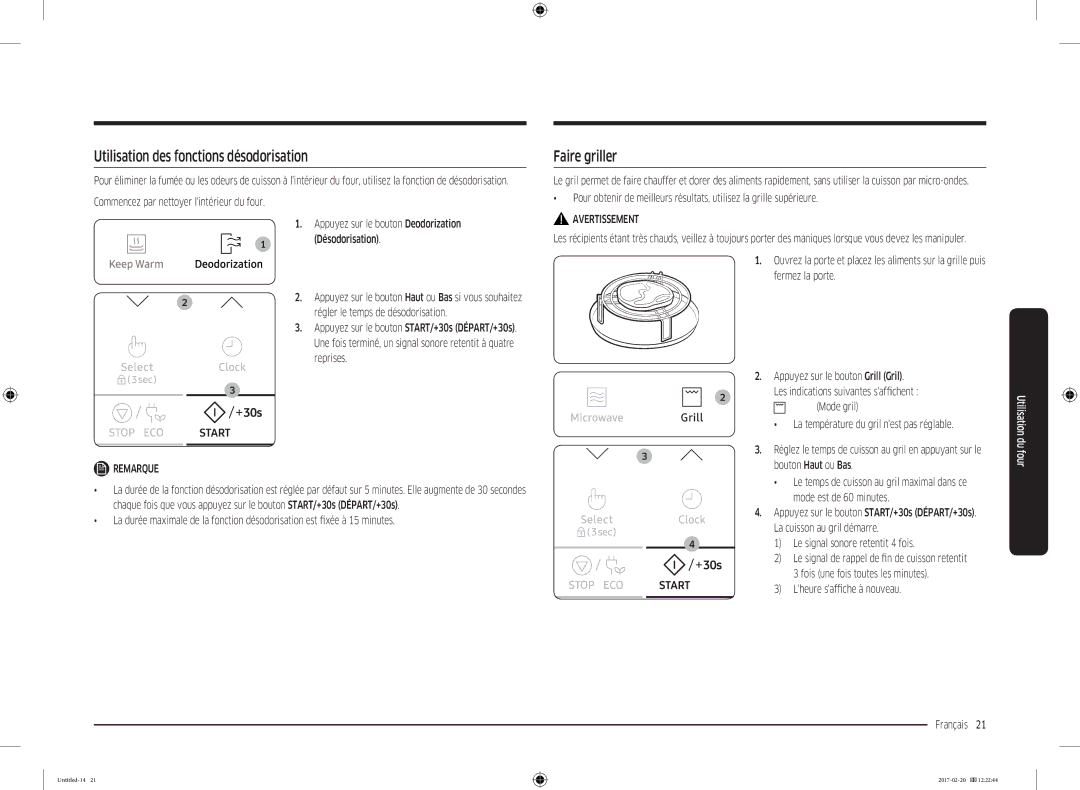 Samsung MG22M8054AK/EF manual Utilisation des fonctions désodorisation, Faire griller 