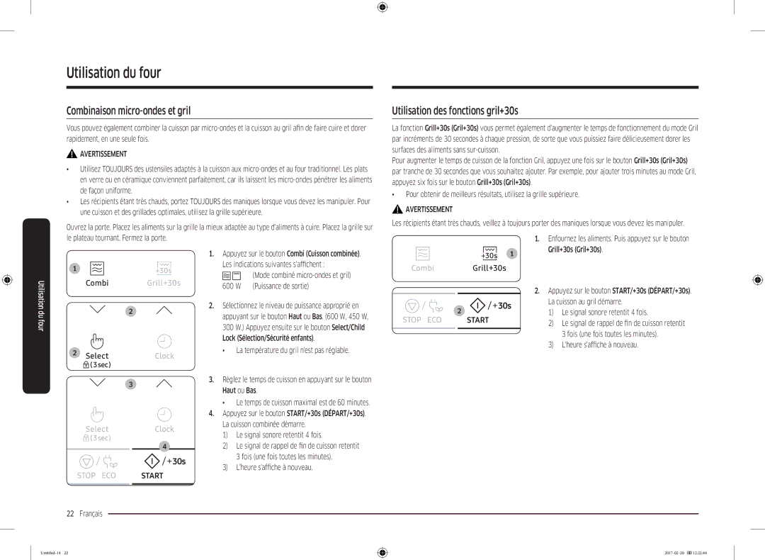 Samsung MG22M8054AK/EF manual Combinaison micro-ondes et gril, Utilisation des fonctions gril+30s 