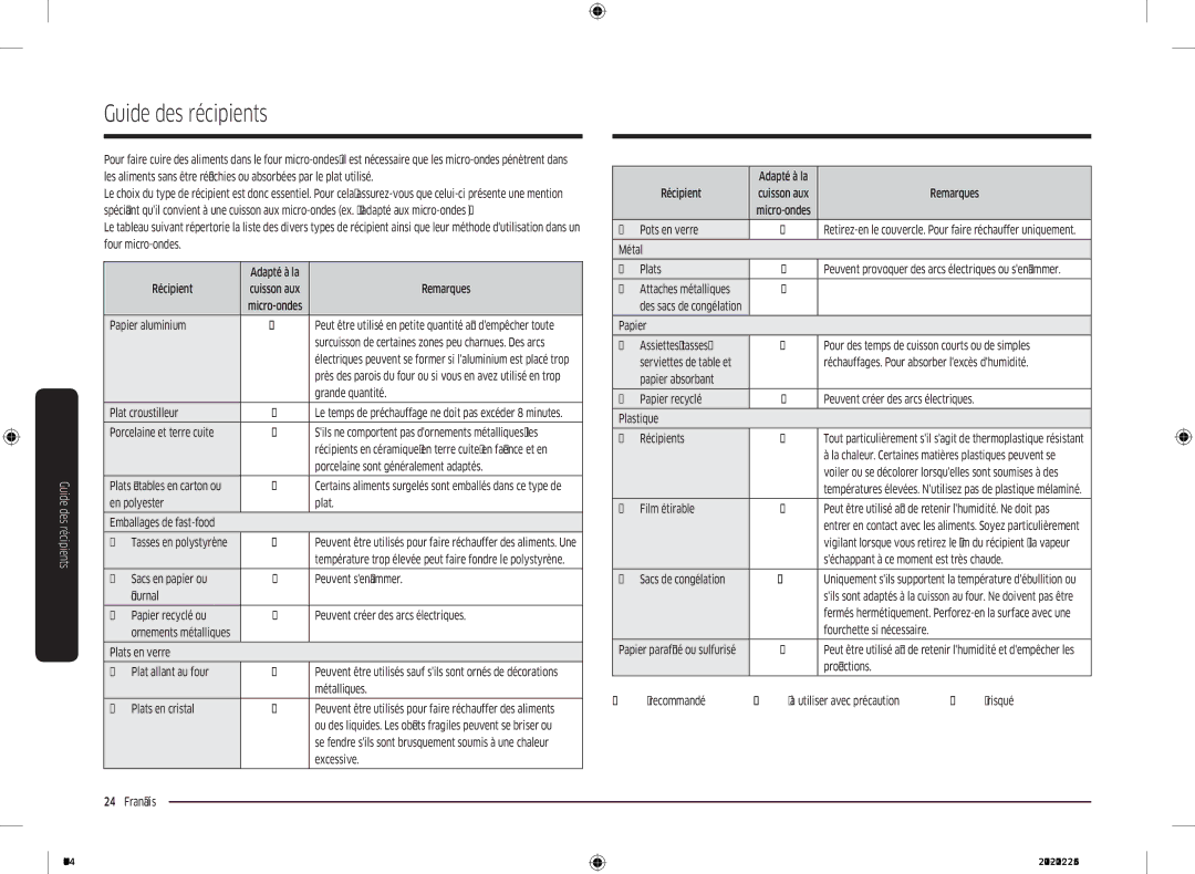 Samsung MG22M8054AK/EF manual Guide des récipients 