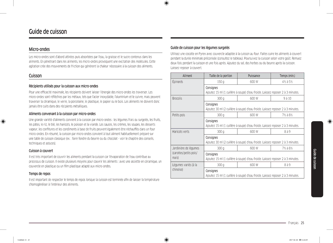 Samsung MG22M8054AK/EF manual Guide de cuisson, Micro-ondes, Cuisson 