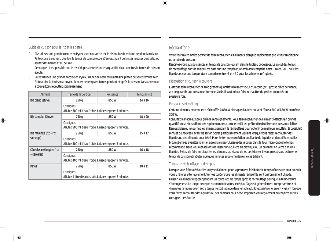 Samsung MG22M8054AK/EF manual Réchauffage, Guide de cuisson pour le riz et les pâtes, Disposition et cuisson à couvert 