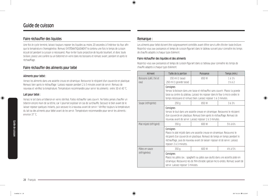 Samsung MG22M8054AK/EF manual Faire réchauffer des liquides, Faire réchauffer des aliments pour bébé, Remarque 