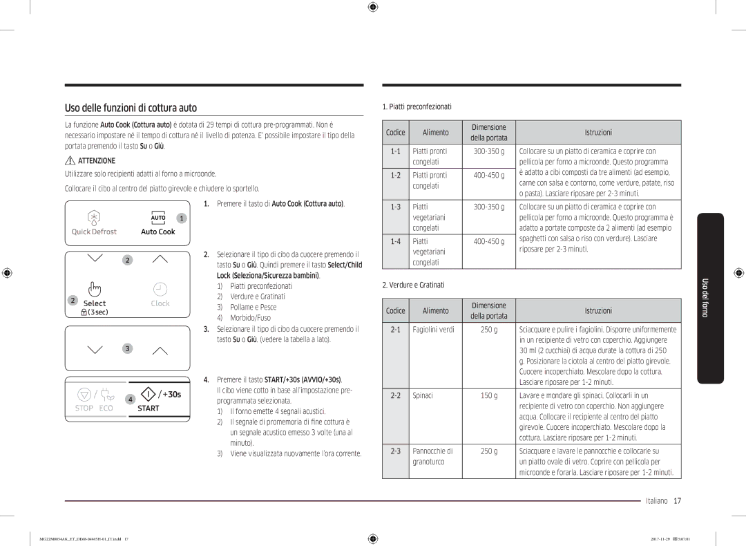 Samsung MG22M8054AK/ET manual Uso delle funzioni di cottura auto 