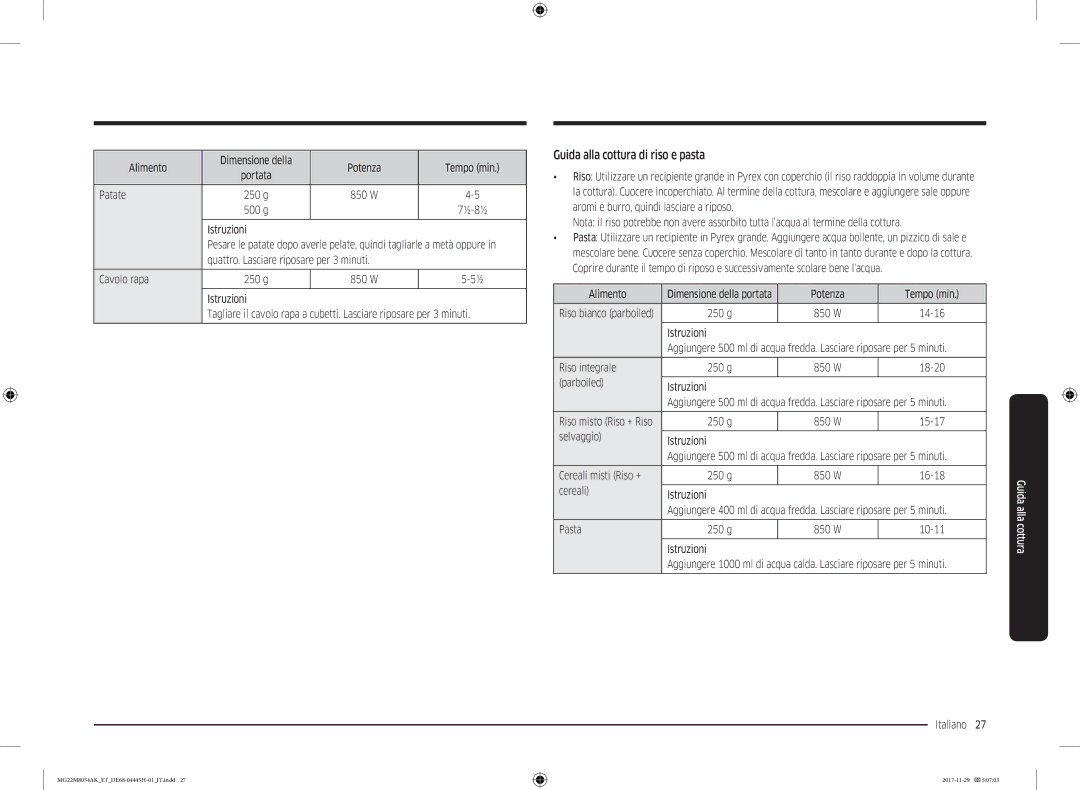 Samsung MG22M8054AK/ET manual Guida alla cottura di riso e pasta 