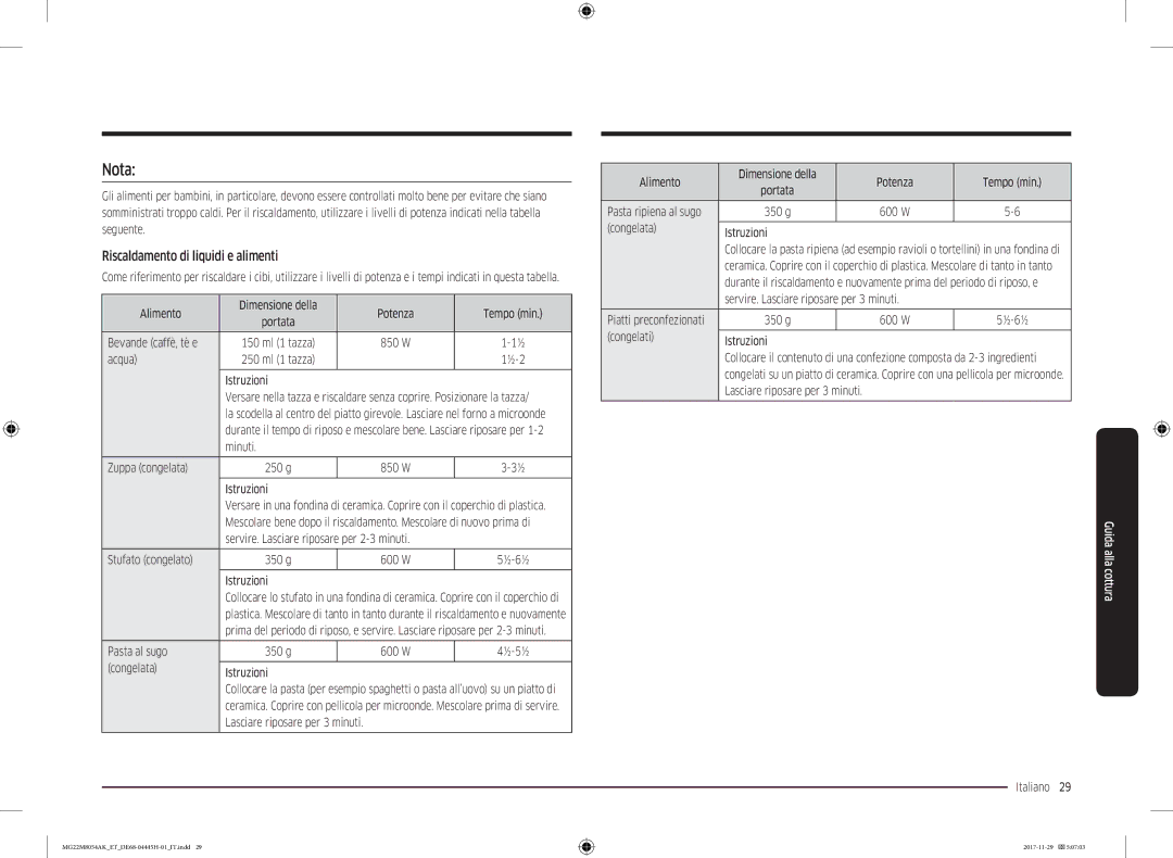 Samsung MG22M8054AK/ET manual Nota, Riscaldamento di liquidi e alimenti 