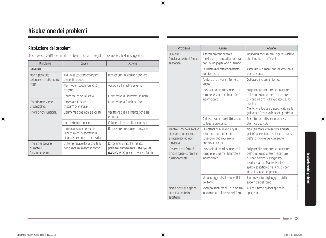 Samsung MG22M8054AK/ET manual Risoluzione dei problemi 