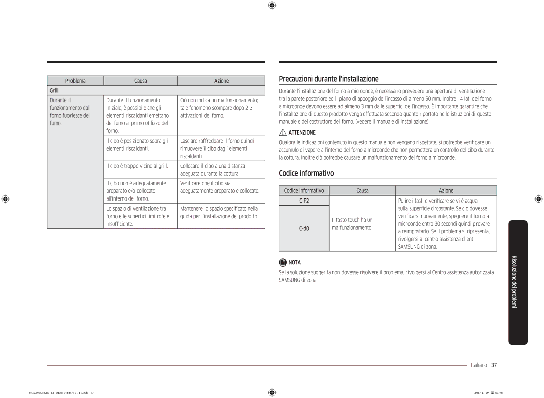 Samsung MG22M8054AK/ET manual Precauzioni durante linstallazione, Codice informativo 