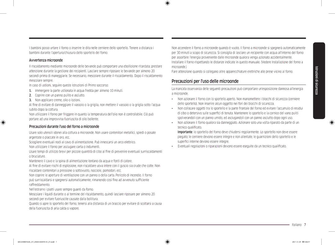 Samsung MG22M8054AK/ET manual Precauzioni per luso delle microonde, Avvertenza microonde 