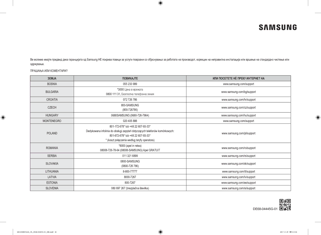 Samsung MG22M8054AK/OL manual Прашања ИЛИ КОМЕНТАРИ?, Земја Повикајте ИЛИ Посетете НÈ Преку Интернет НА 