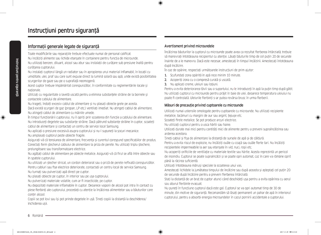 Samsung MG22M8054AK/OL manual Informaţii generale legate de siguranţă, Avertisment privind microundele 