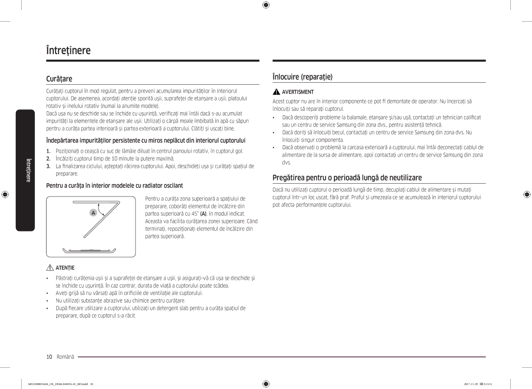 Samsung MG22M8054AK/OL manual Întreţinere, Curăţare, Înlocuire reparaţie, Pregătirea pentru o perioadă lungă de neutilizare 