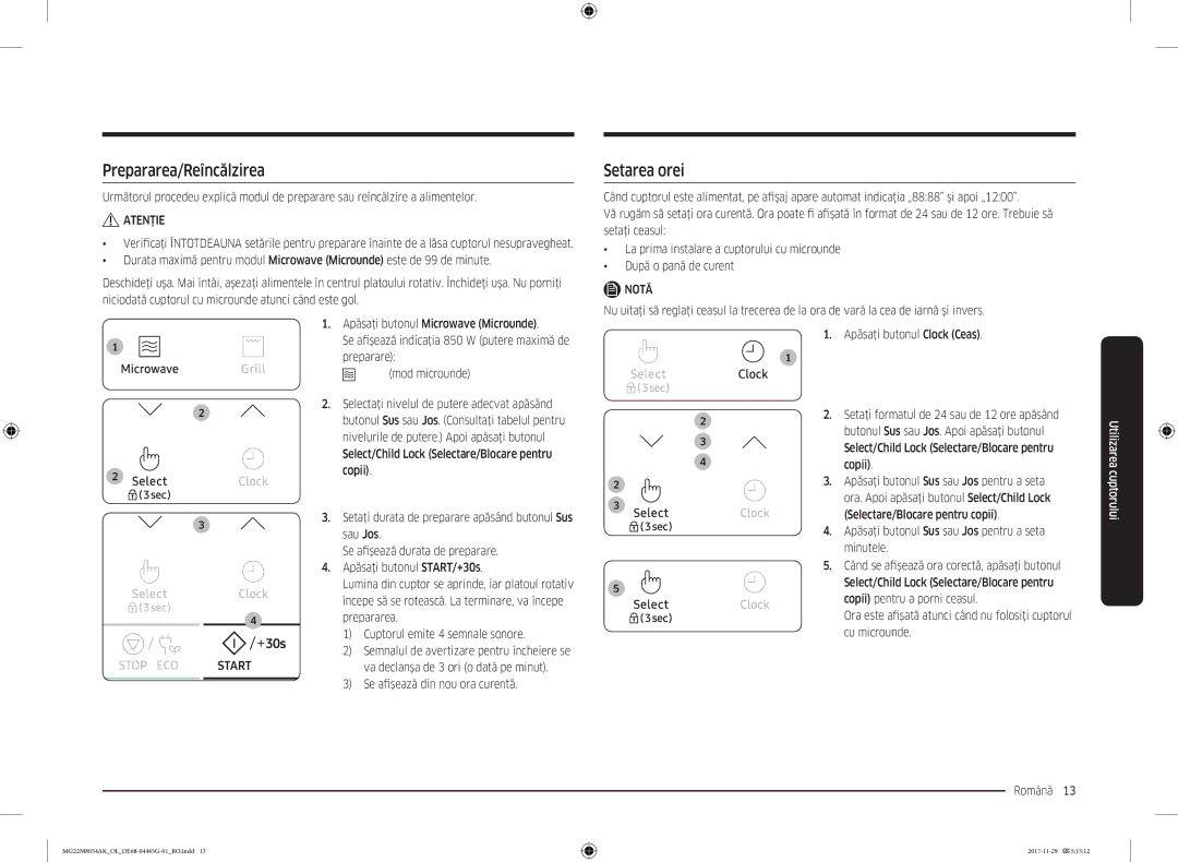 Samsung MG22M8054AK/OL manual Prepararea/Reîncălzirea, Setarea orei, Apăsaţi butonul Sus sau Jos pentru a seta minutele 