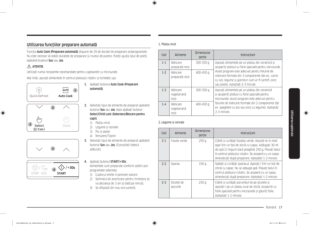 Samsung MG22M8054AK/OL manual Utilizarea funcţiilor preparare automată 