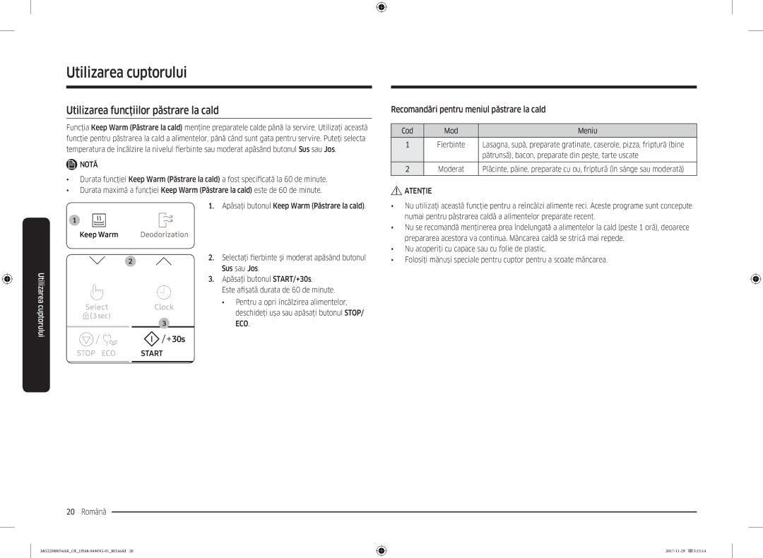 Samsung MG22M8054AK/OL manual Utilizarea funcţiilor păstrare la cald, Recomandări pentru meniul păstrare la cald 