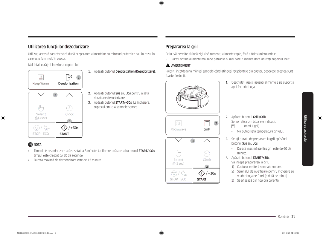 Samsung MG22M8054AK/OL manual Utilizarea funcţiilor dezodorizare, Prepararea la gril, Modul gril 