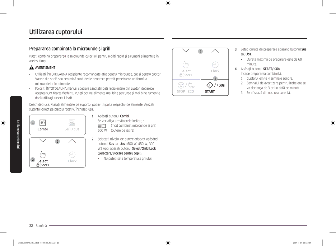 Samsung MG22M8054AK/OL manual Prepararea combinată la microunde şi grill 