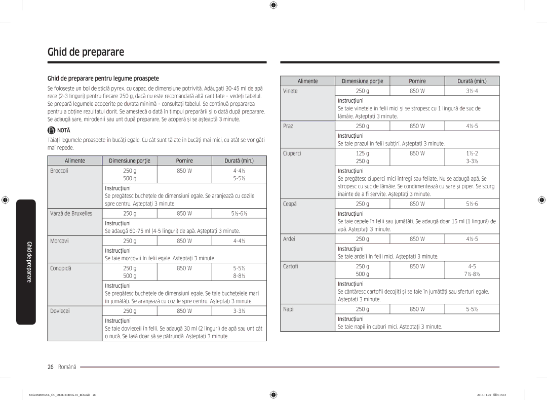 Samsung MG22M8054AK/OL manual Ghid de preparare pentru legume proaspete 