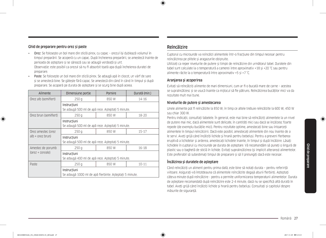 Samsung MG22M8054AK/OL manual Reîncălzire, Ghid de preparare pentru orez şi paste, Aranjarea şi acoperirea 