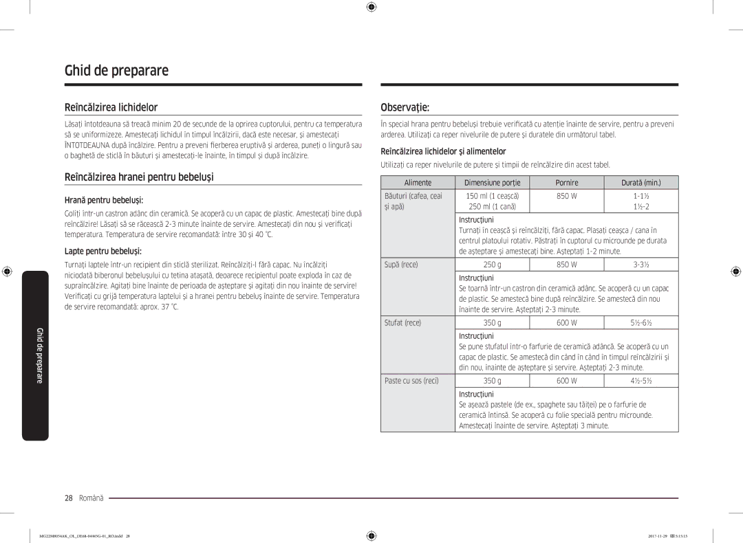 Samsung MG22M8054AK/OL manual Reîncălzirea lichidelor, Reîncălzirea hranei pentru bebeluşi, Observaţie 