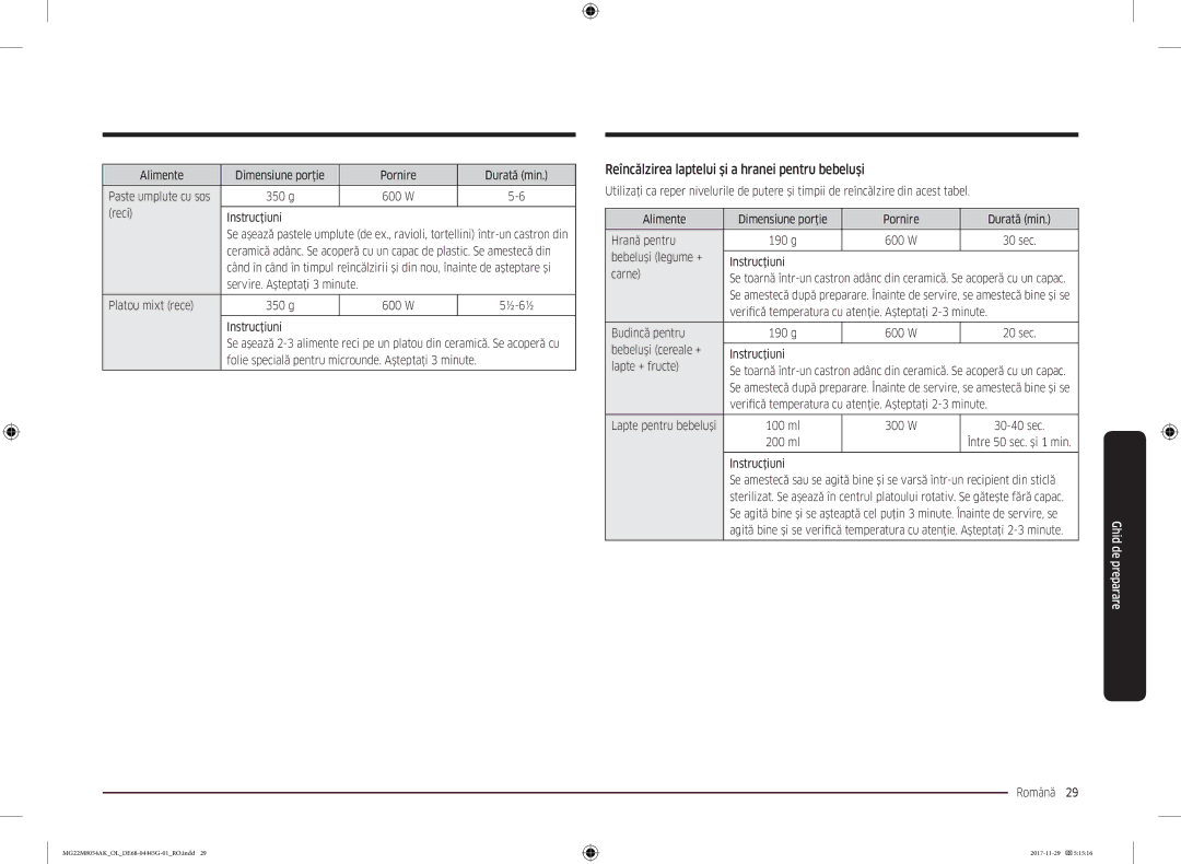 Samsung MG22M8054AK/OL manual Reîncălzirea laptelui şi a hranei pentru bebeluşi 