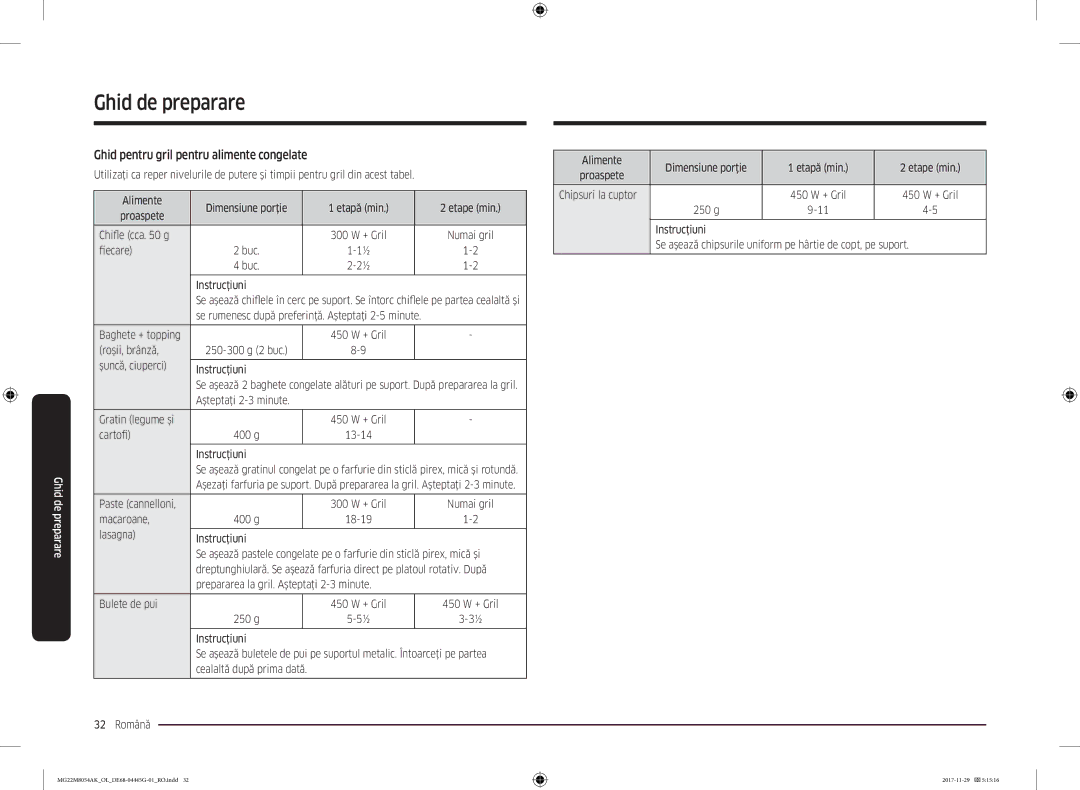 Samsung MG22M8054AK/OL manual Ghid pentru gril pentru alimente congelate 