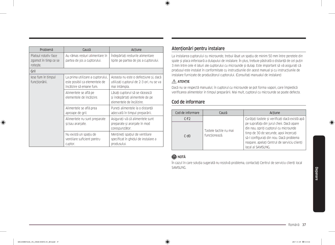Samsung MG22M8054AK/OL manual Atenţionări pentru instalare, Cod de informare 