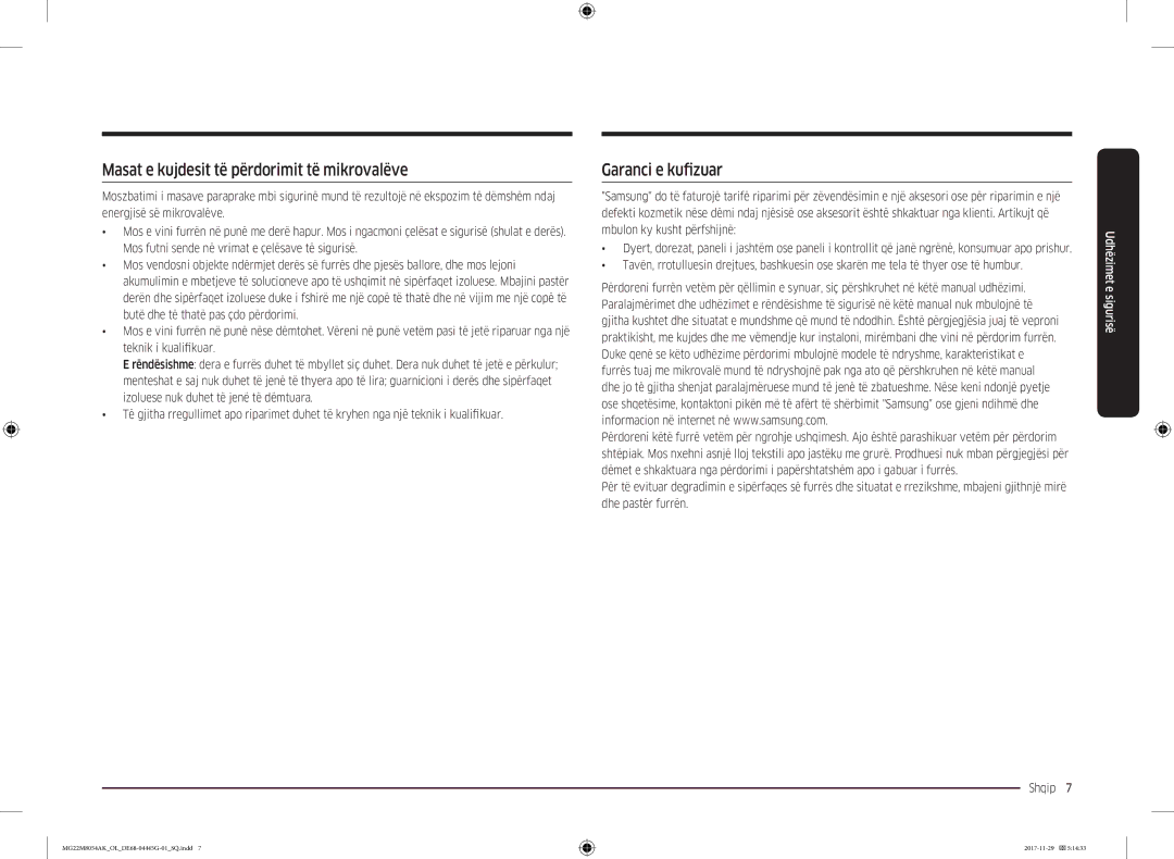 Samsung MG22M8054AK/OL manual Masat e kujdesit të përdorimit të mikrovalëve, Garanci e kufizuar 