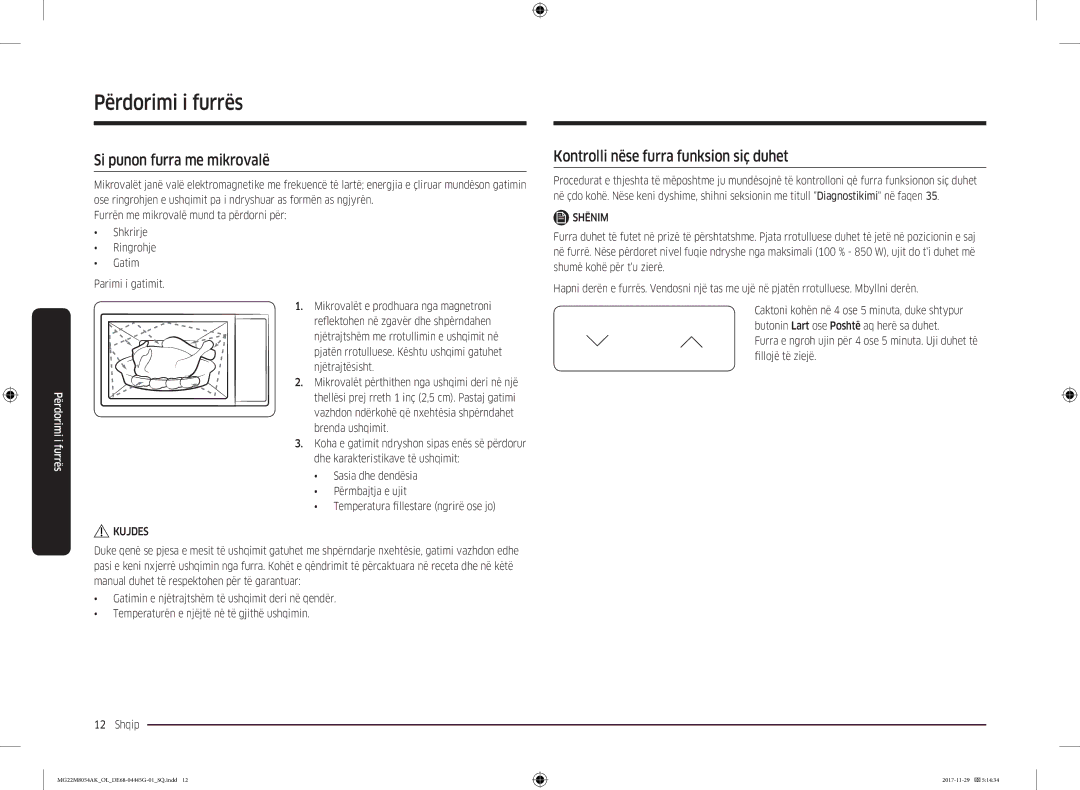 Samsung MG22M8054AK/OL Përdorimi i furrës, Si punon furra me mikrovalë, Kontrolli nëse furra funksion siç duhet, Shënim 