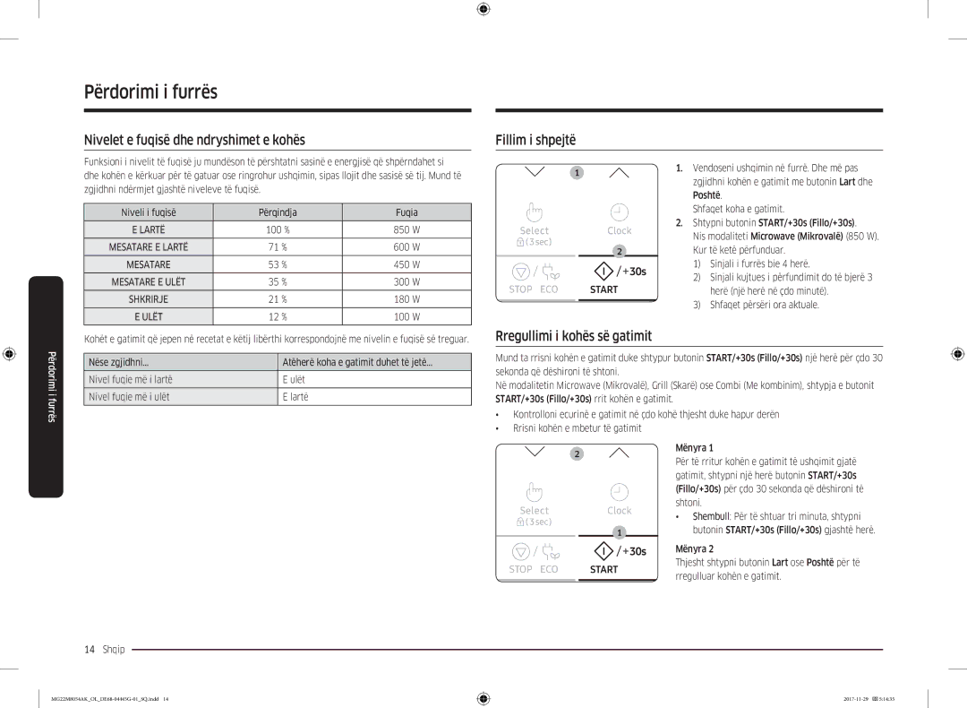 Samsung MG22M8054AK/OL manual Nivelet e fuqisë dhe ndryshimet e kohës, Fillim i shpejtë, Rregullimi i kohës së gatimit 