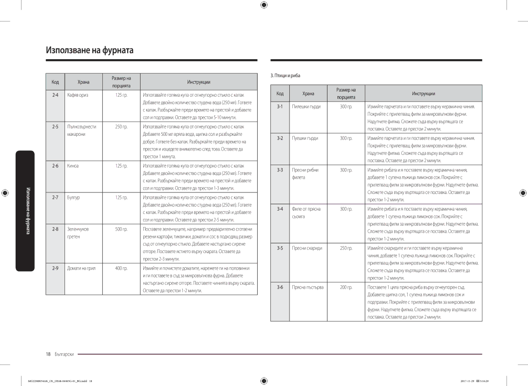 Samsung MG22M8054AK/OL manual Кафяв ориз, Макарони, Престои 1 минута, Киноа, Булгур, Зеленчуков, Гретен, Престои 2-3 минути 