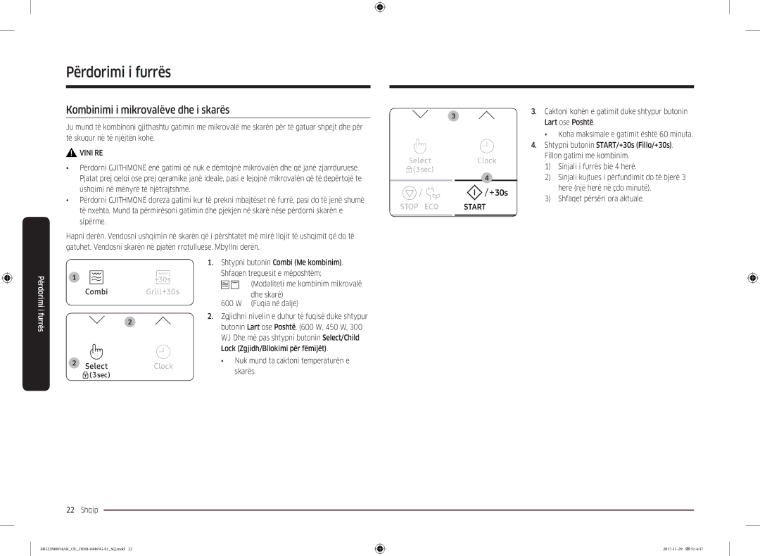 Samsung MG22M8054AK/OL manual Kombinimi i mikrovalëve dhe i skarës, Lart ose Poshtë, Fillon gatimi me kombinim 
