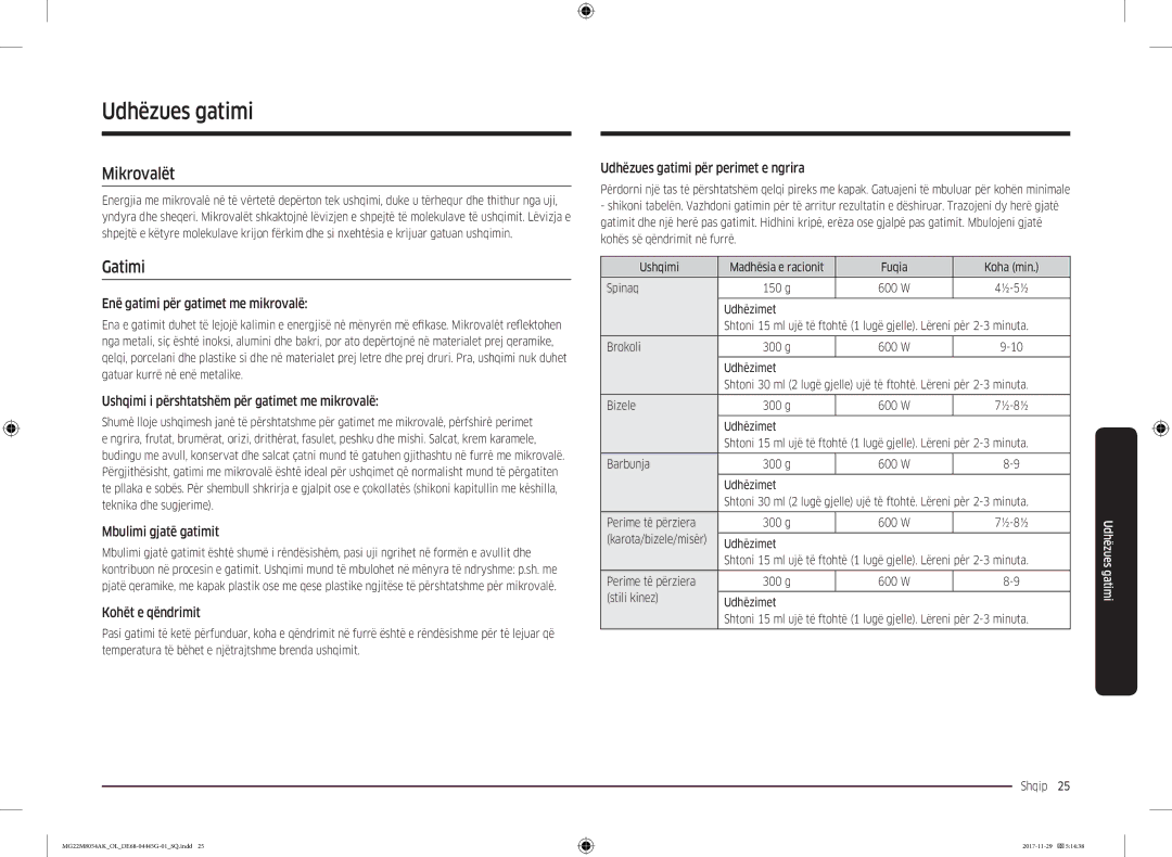 Samsung MG22M8054AK/OL manual Udhëzues gatimi, Mikrovalët, Gatimi 