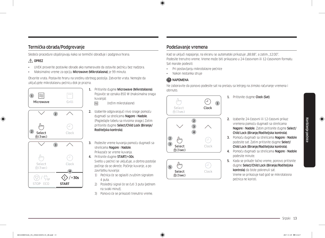 Samsung MG22M8054AK/OL manual Termička obrada/Podgrevanje, Podešavanje vremena 