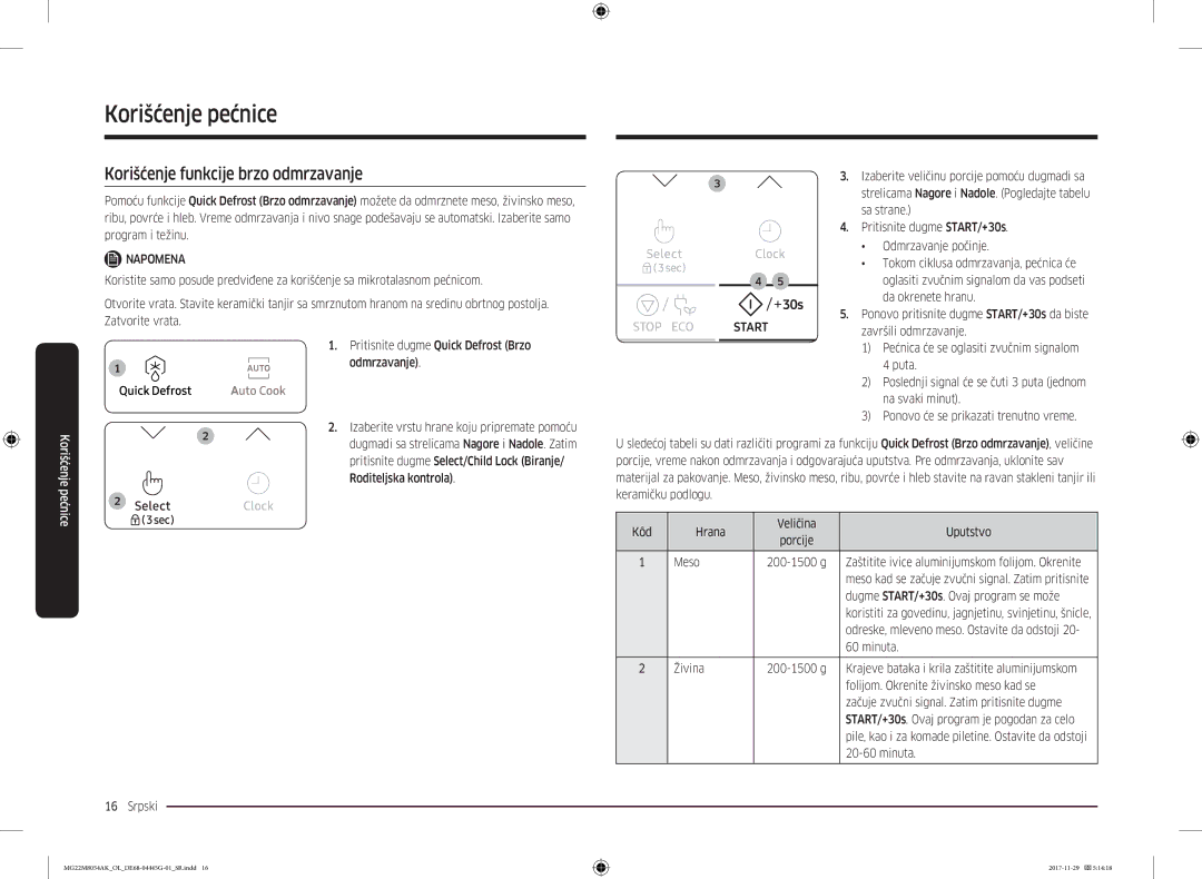 Samsung MG22M8054AK/OL manual Korišćenje funkcije brzo odmrzavanje 