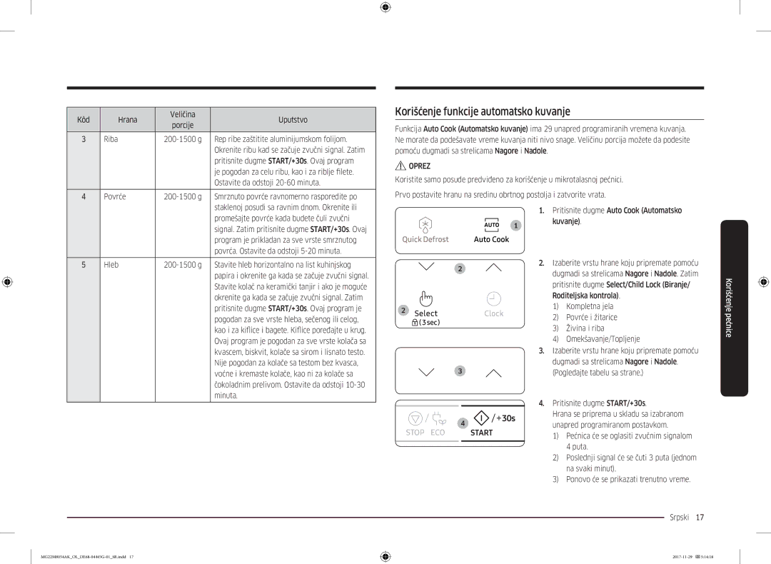 Samsung MG22M8054AK/OL manual Korišćenje funkcije automatsko kuvanje 