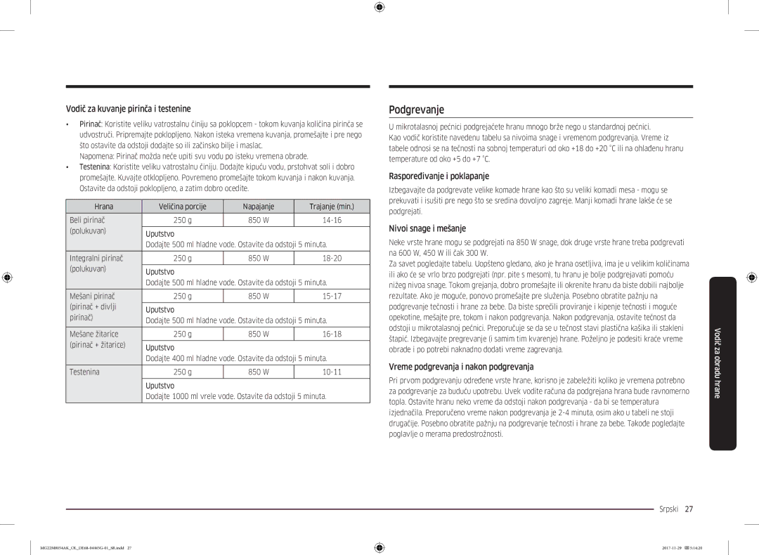 Samsung MG22M8054AK/OL manual Podgrevanje, Vodič za kuvanje pirinča i testenine, Raspoređivanje i poklapanje 