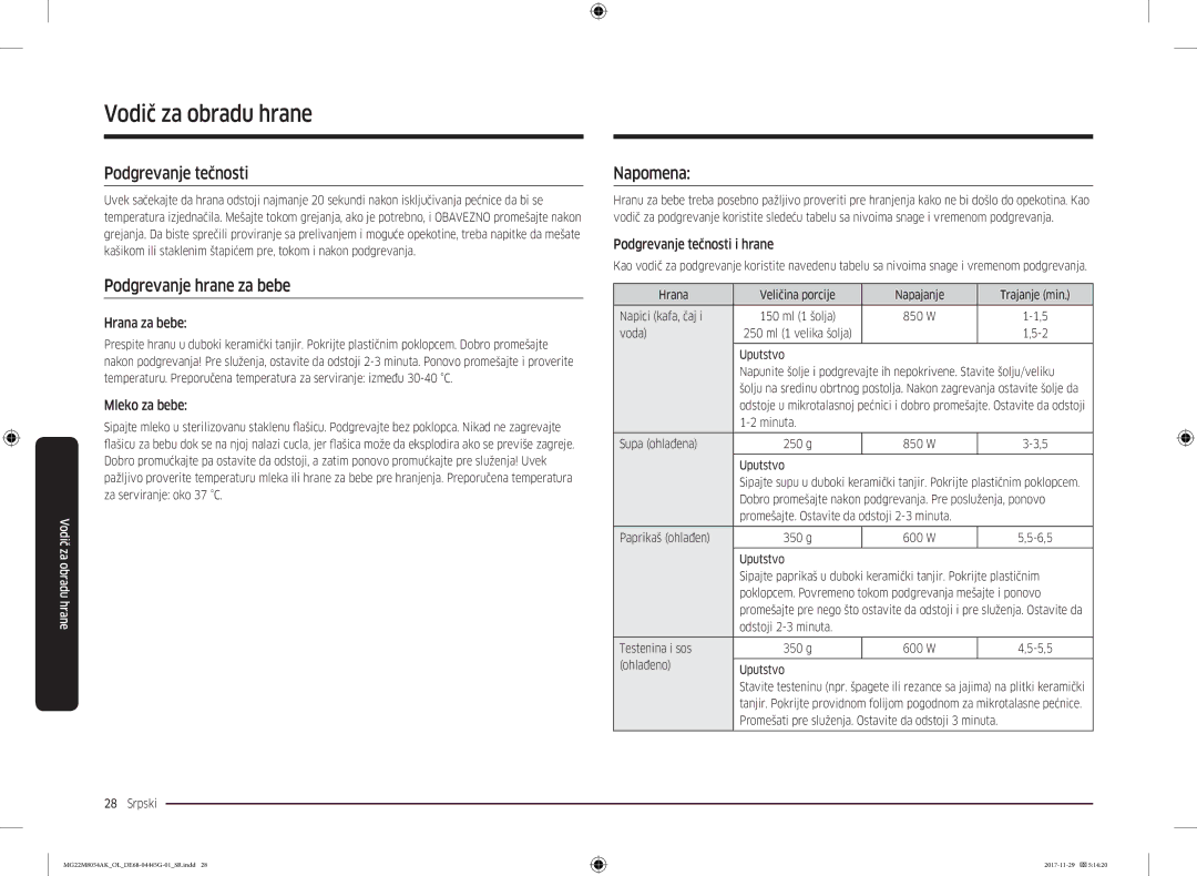 Samsung MG22M8054AK/OL manual Podgrevanje tečnosti, Podgrevanje hrane za bebe, Hrana za bebe, Mleko za bebe 
